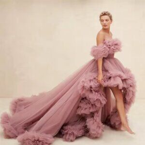 Princess tulle extra long tail maxi long dress asymmetric pink